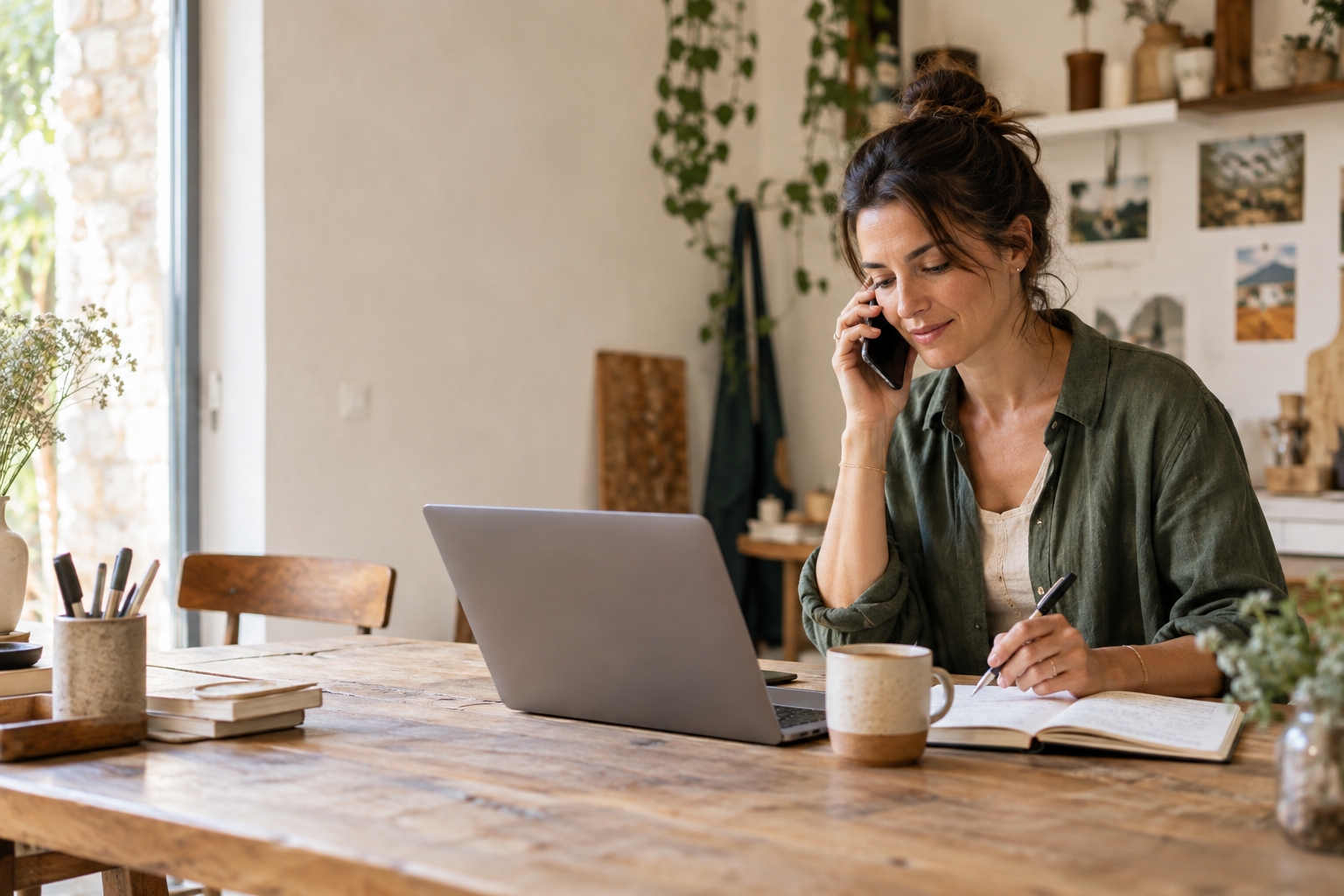 Une entrepreneuse échange avec ses clients tout en travaillant sur son activité