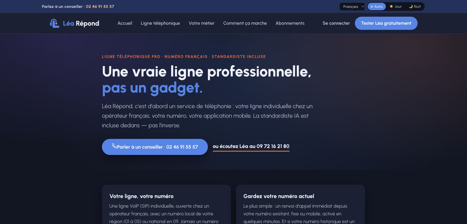 Site de Léa Répond : ligne téléphonique professionnelle et standardiste IA