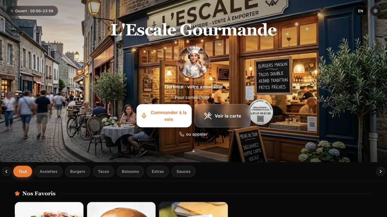 Interface actuelle de commande vocale VocalChef pour le restaurant de démonstration