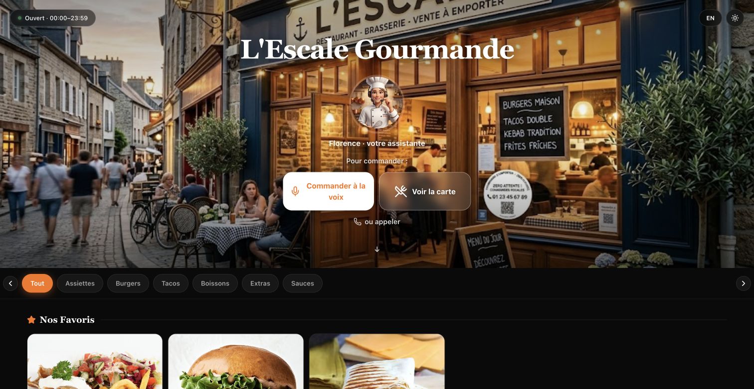 Interface de commande VocalChef pour le restaurant de démonstration L’Escale Gourmande